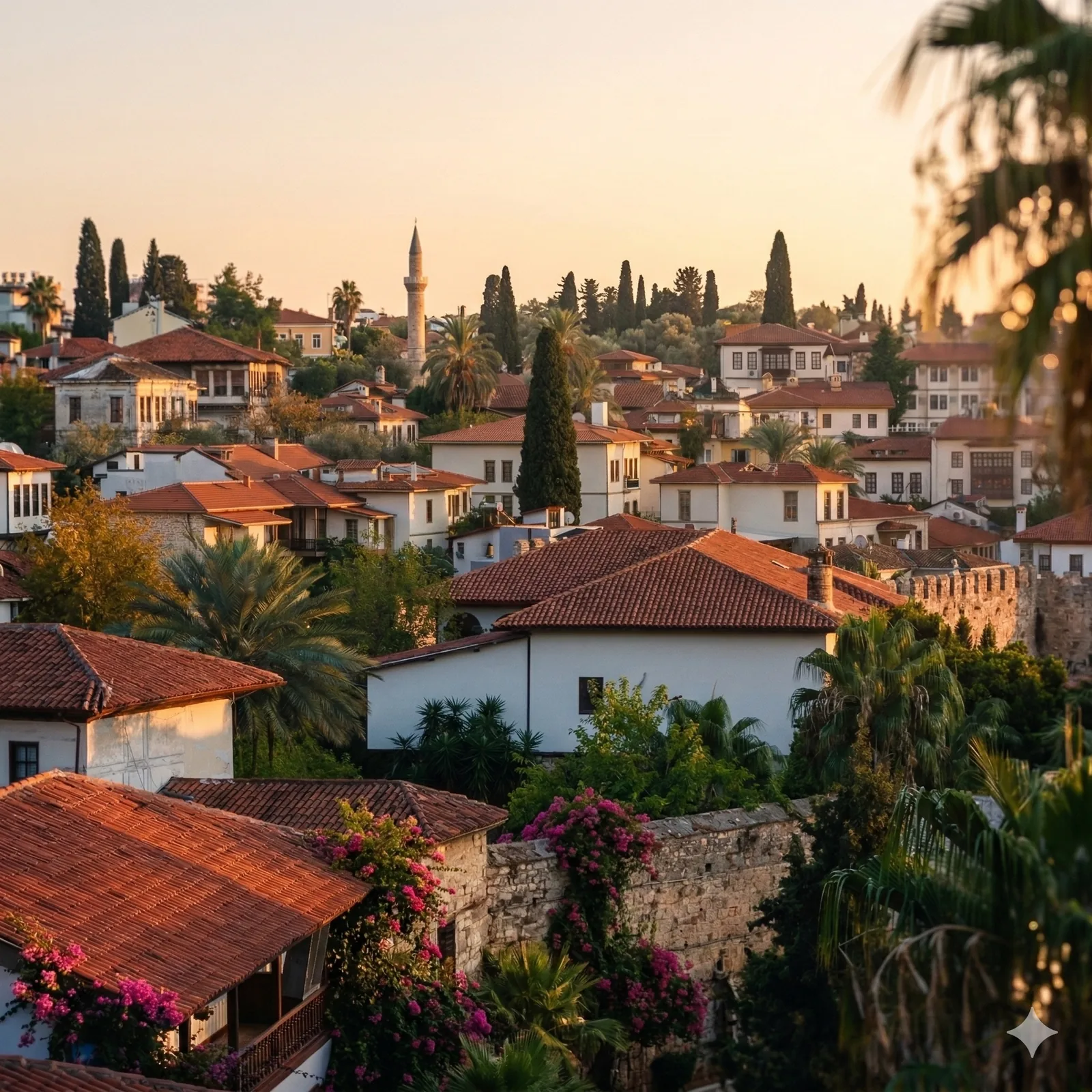 Kaleiçi — Antalya's historic old quarter at golden hour, terracotta rooftops and bougainvillea.